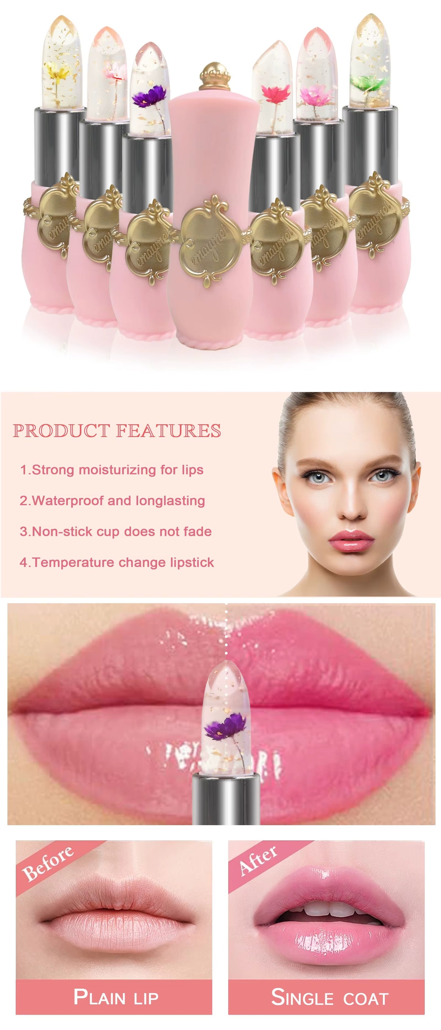 6-Color Transparent Moisturizing Jelly Color Changing Lipstick Temperature Changing Flower Lipstick